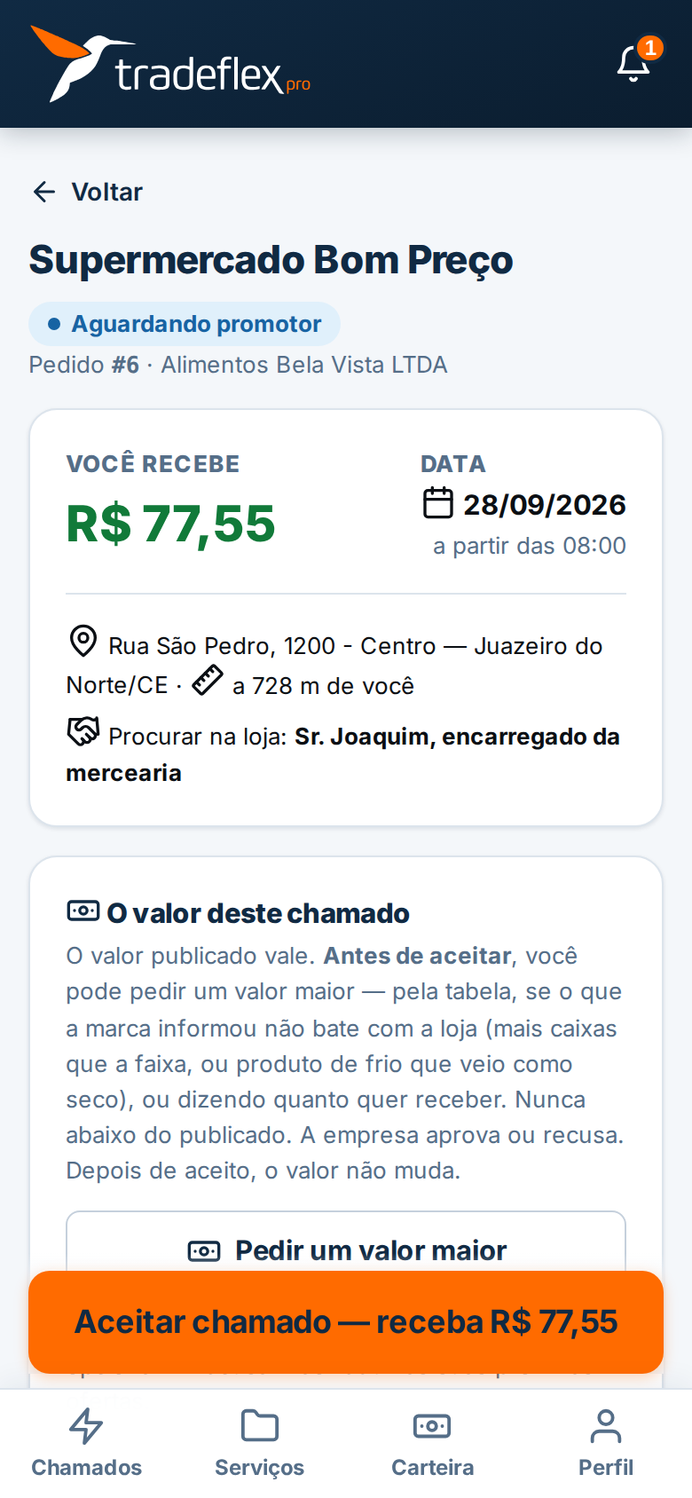 App do promotor: chamado com valor, local e botão de aceitar