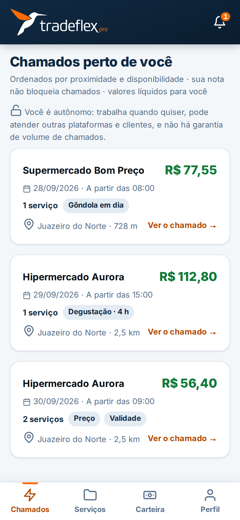 App do promotor: lista de chamados perto de você, com valor e distância