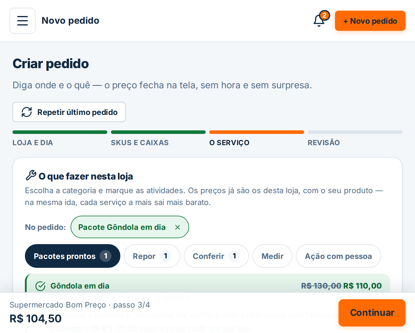 Área do Cliente: tela de criar pedido, com o preço fechado antes de publicar