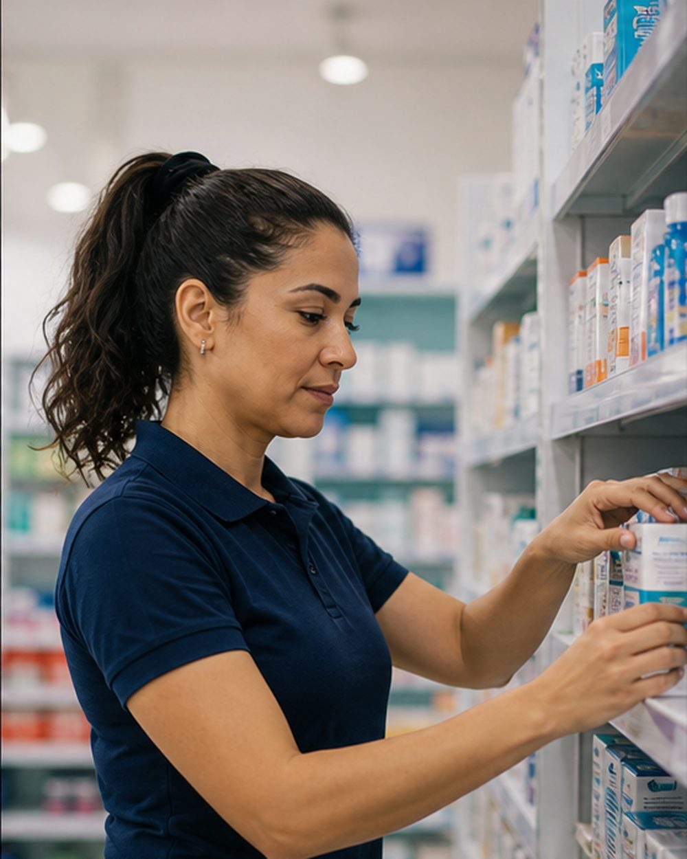 Promotora de polo azul organizando o produto na prateleira da loja