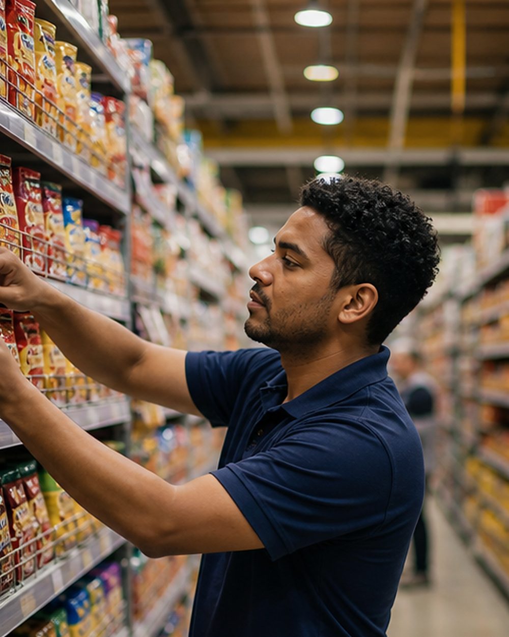 Promotor de polo azul-marinho abastecendo a gôndola de um supermercado