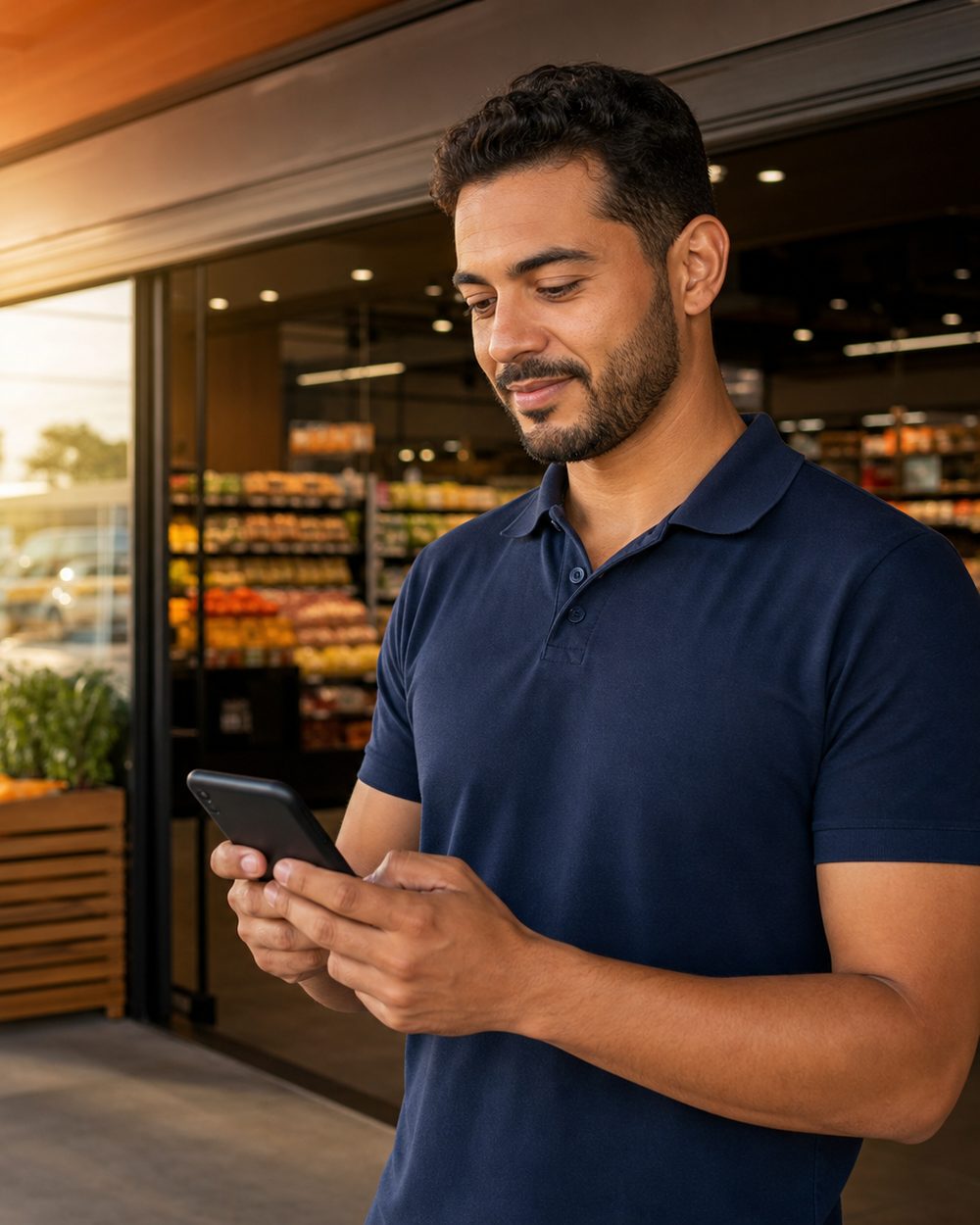 Promotor com o celular na mão, na porta do supermercado